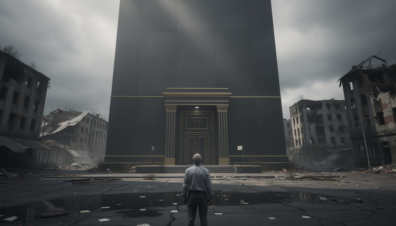 Одинокий человек смотрит на монументальное здание банка в мрачном городском пейзаже, символизируя ограниченную конкуренцию среди кредиторов.