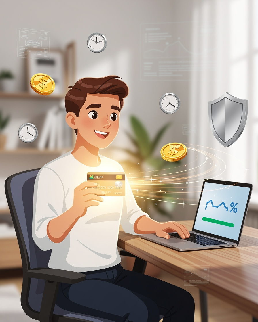 Счастливый человек с кредитной картой в домашнем офисе, окружённый символами выгодных и безопасных онлайн-займов.