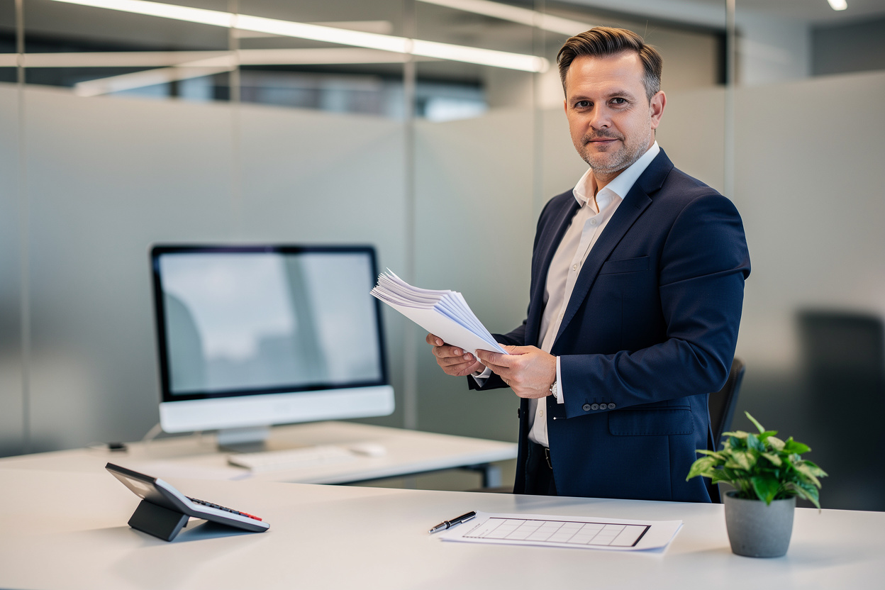 Довольный заемщик в офисе с документами для кредита