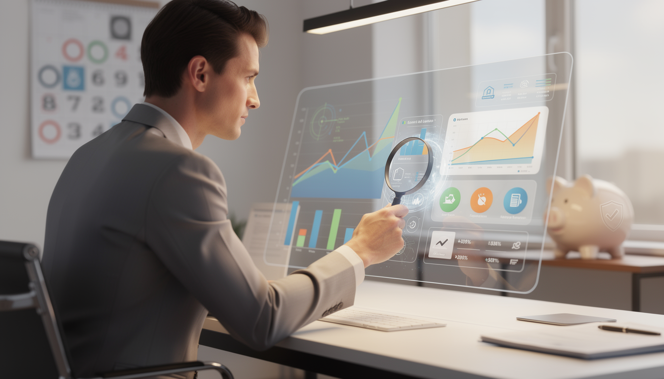 Человек анализирует финансовый дашборд в современном офисе, символизируя тщательный выбор займа.