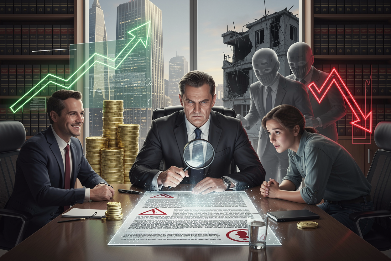 Юрист в офисе изучает контракт, символизирующий риски и юридические аспекты кредитования, с контрастными фигурами заёмщика и кредитора.