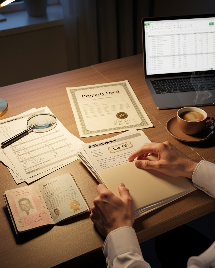 Руки в деловых манжетах аккуратно раскладывают паспорт, свидетельства и финансовые документы на столе для оформления займа.