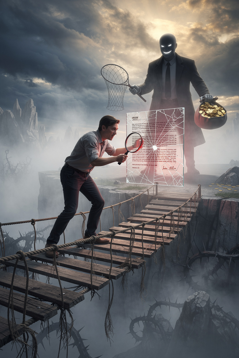 Человек осторожно переходит шаткий мост над пропастью, изучая хрупкий договор, в то время как тёмная фигура кредитора наблюдает вдалеке.