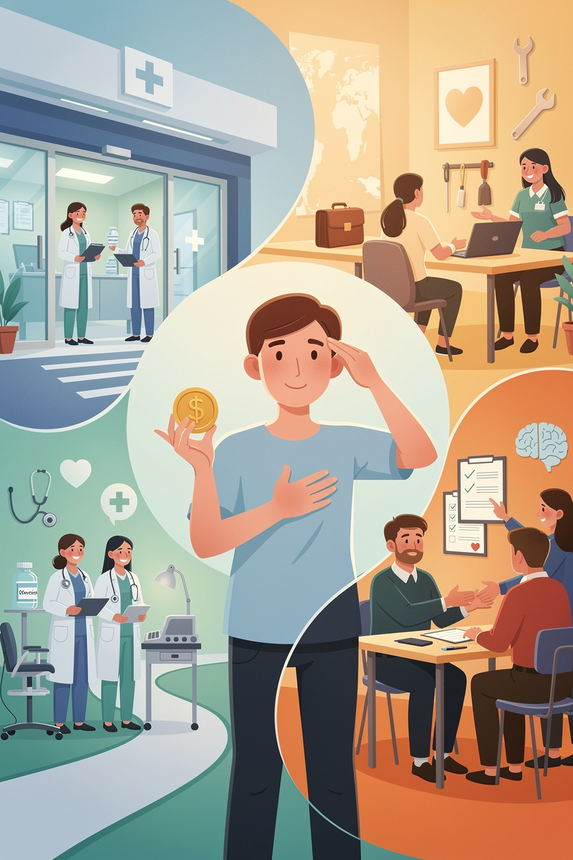 Человек в центре многогранной сцены, символизирующей адаптацию через здоровье, финансы и социальную поддержку.