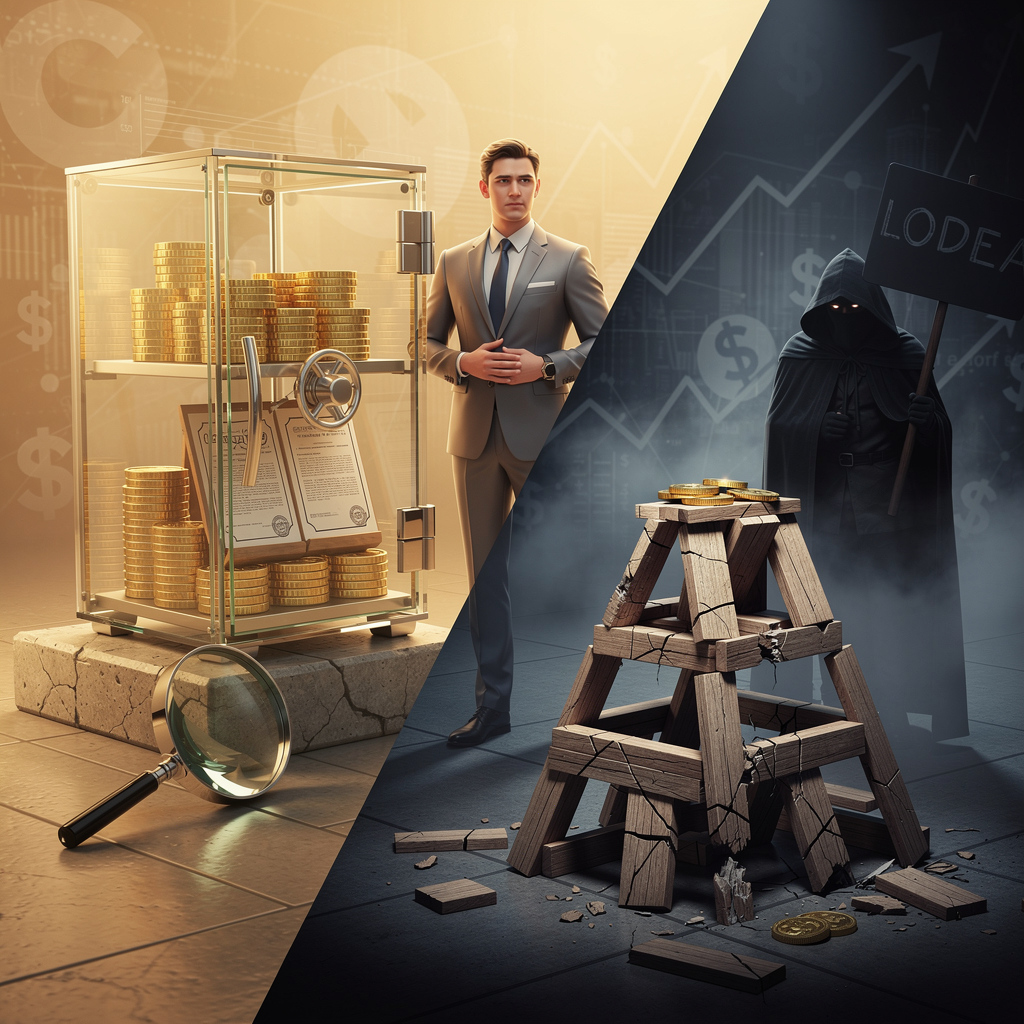 Символическая иллюстрация, показывающая контраст между прозрачной, надежной сейфовой системой и шаткой пирамидой, представляющей мошенничество в финансовой сфере.