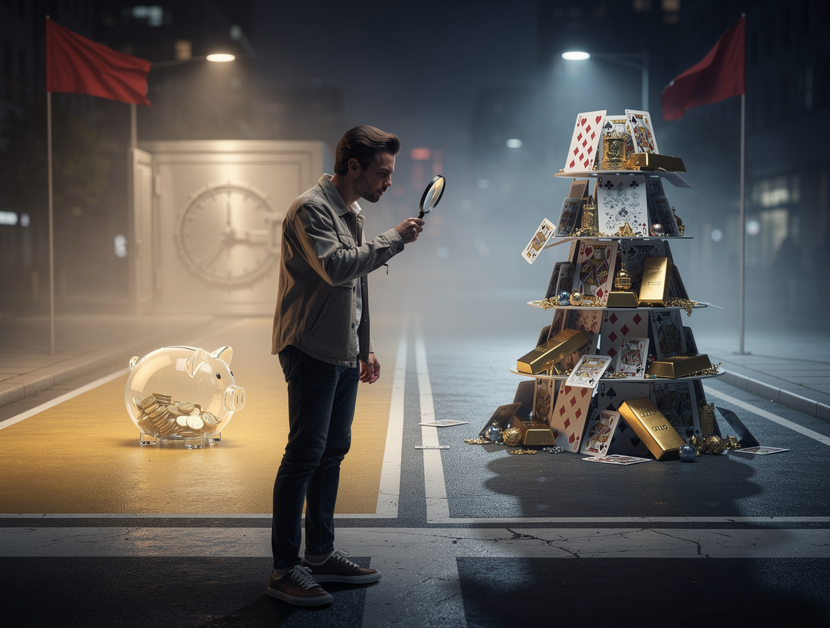 Человек с лупой на перепутье, исследующий два пути: левый с прозрачной копилкой и правый с нестабильной пирамидой из карт и фальшивых золотых слитков, символизирующий выявление финансовой пирамиды.