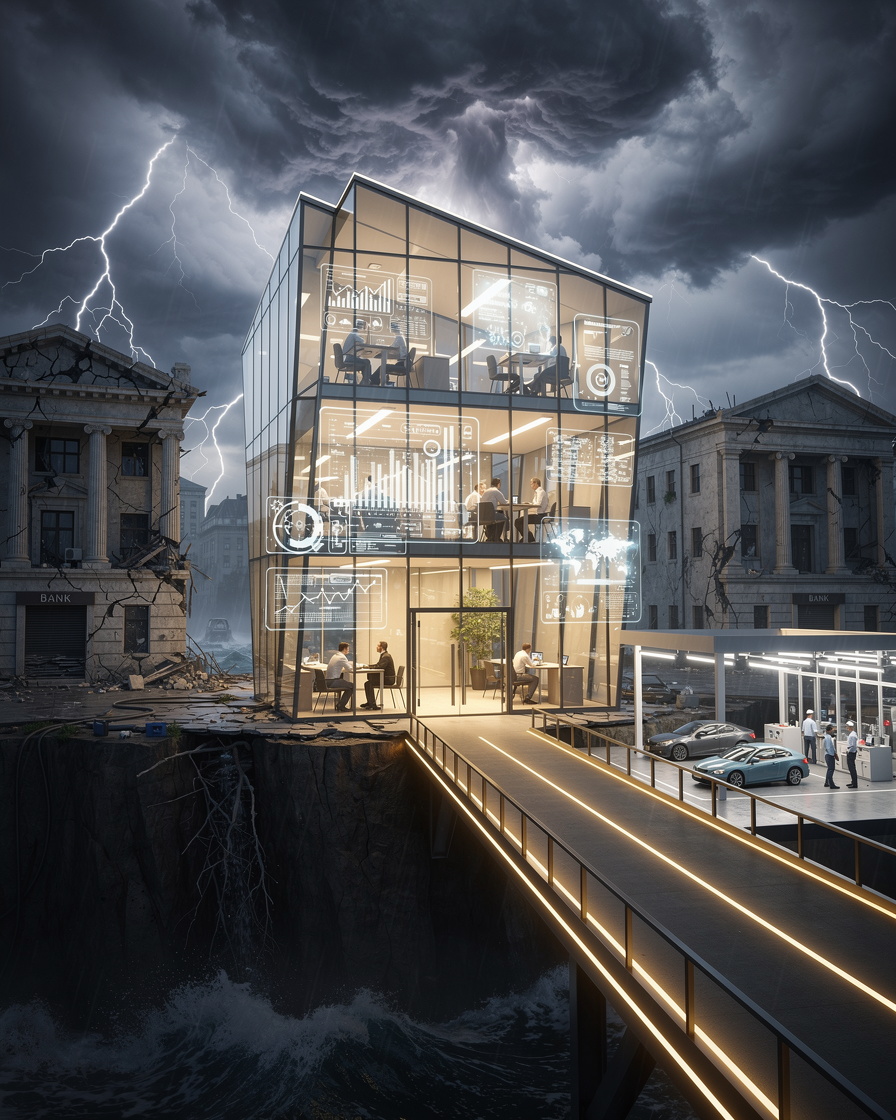 Стойкое здание МФО с реальными данными внутри, адаптирующееся к штормовому экономическому кризису и поддерживающее автобизнес.