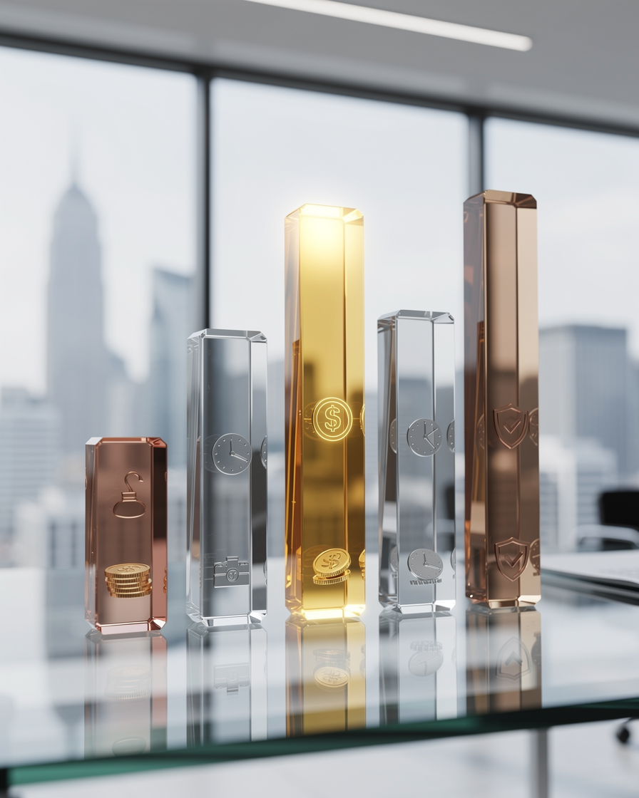 Стилизованная 3D-диаграмма из хрусталя в современном офисе, символизирующая сравнение и рейтинги микрофинансовых организаций.