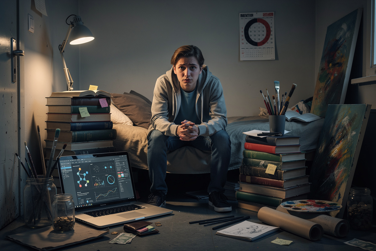 Студент в общежитии, окружённый учебниками и материалами, с календарём, показывающим срок аренды, выражающий беспокойство.