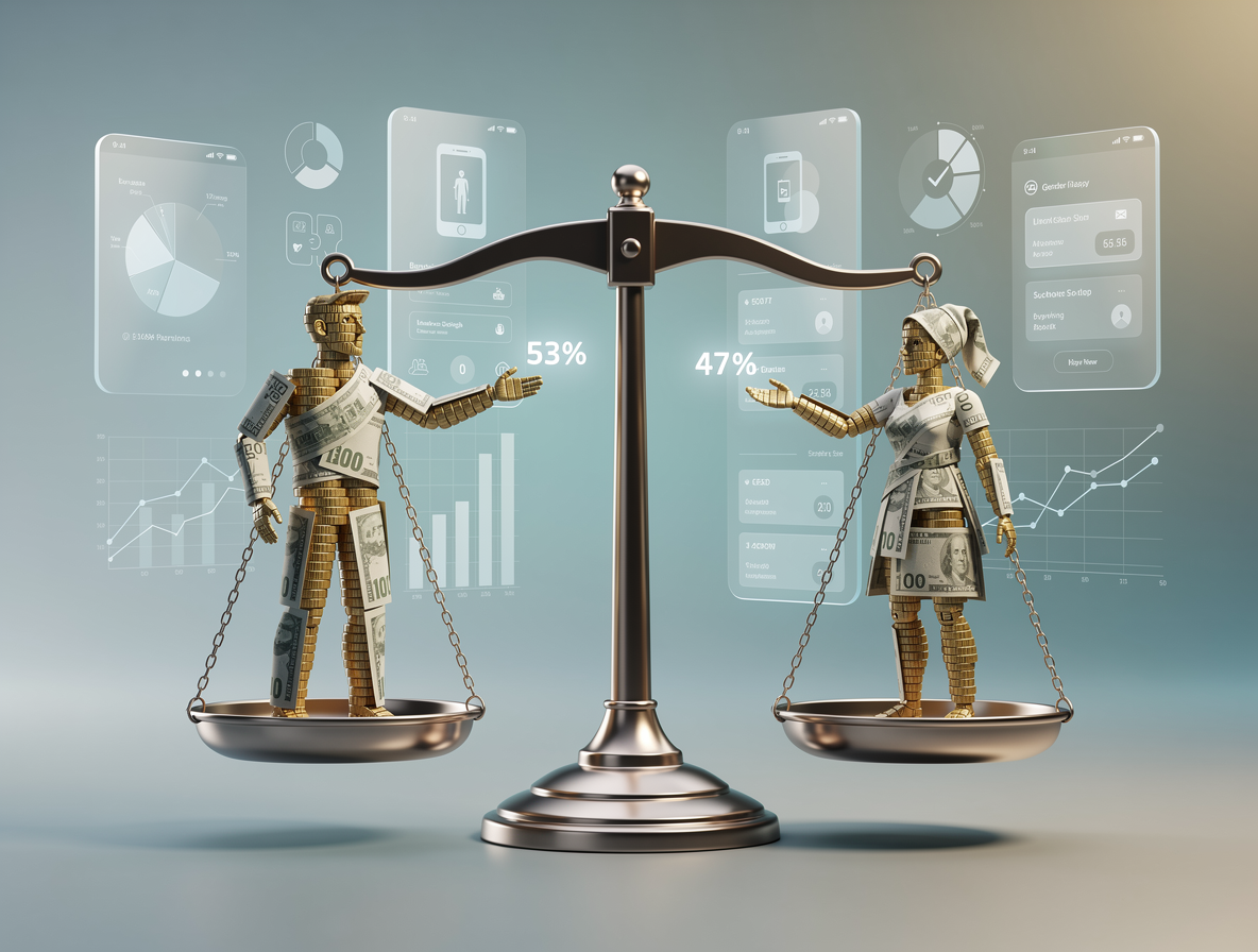 Гендерный анализ заёмщиков микрозаймов: стилизованные мужская и женская фигуры из монет на весах, показывающие соотношение 53% к 47%.