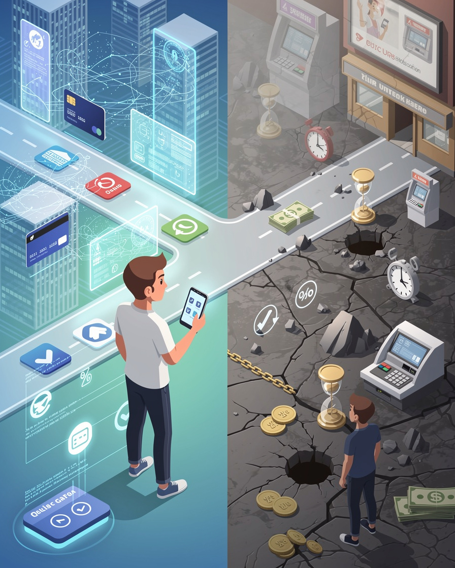 Человек на перепутье с двумя путями: цифровым и традиционным, символизирующим стратегии погашения займов и затруднения.