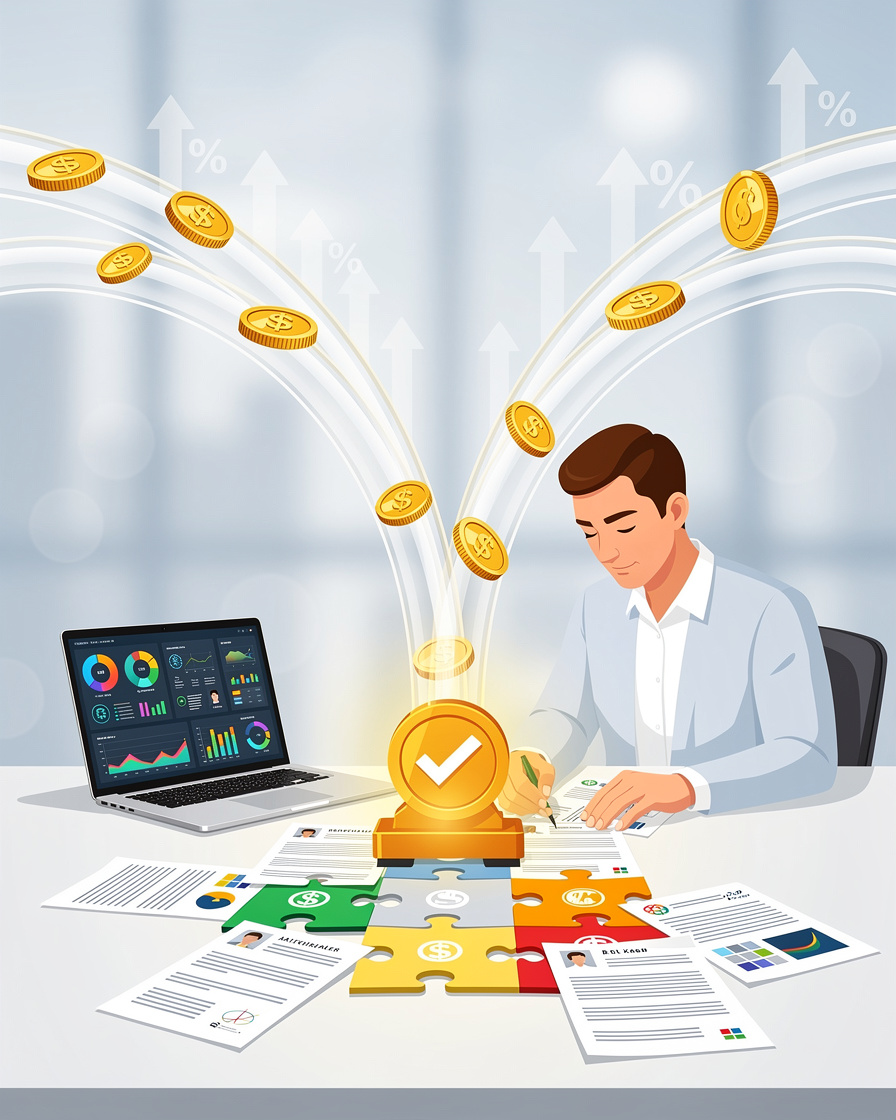 Иллюстрация оптимизации кредитного профиля: человек собирает пазл из документов, золотые монеты текут в трубки к штампу одобрения.