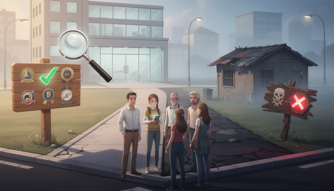 Контраст между безопасным и рискованным путём выбора кредитора, символизирующий различие легальных МФО и нелегальных кредиторов.