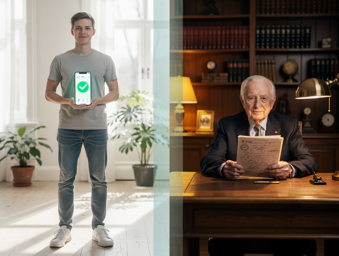 Концептуальное изображение, показывающее разницу в условиях кредитования для молодых и пожилых людей через две сцены: слева - молодой человек с телефоном в современной квартире, справа - пожилой человек с документами в кабинете.