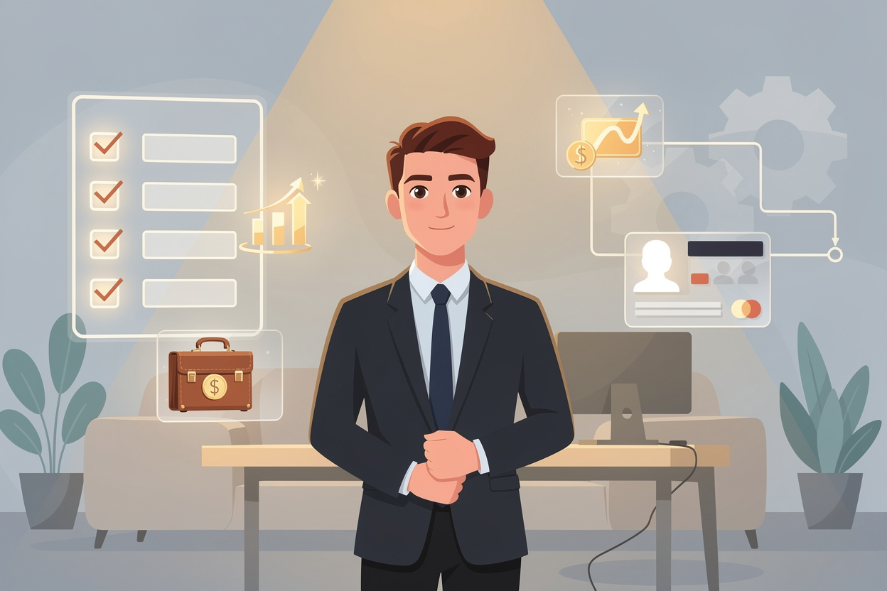 Иллюстрация, символизирующая условия получения кредита и требования к заёмщикам, с человеком в офисе и визуальными элементами, такими как чек-лист и иконки дохода и кредитной истории.