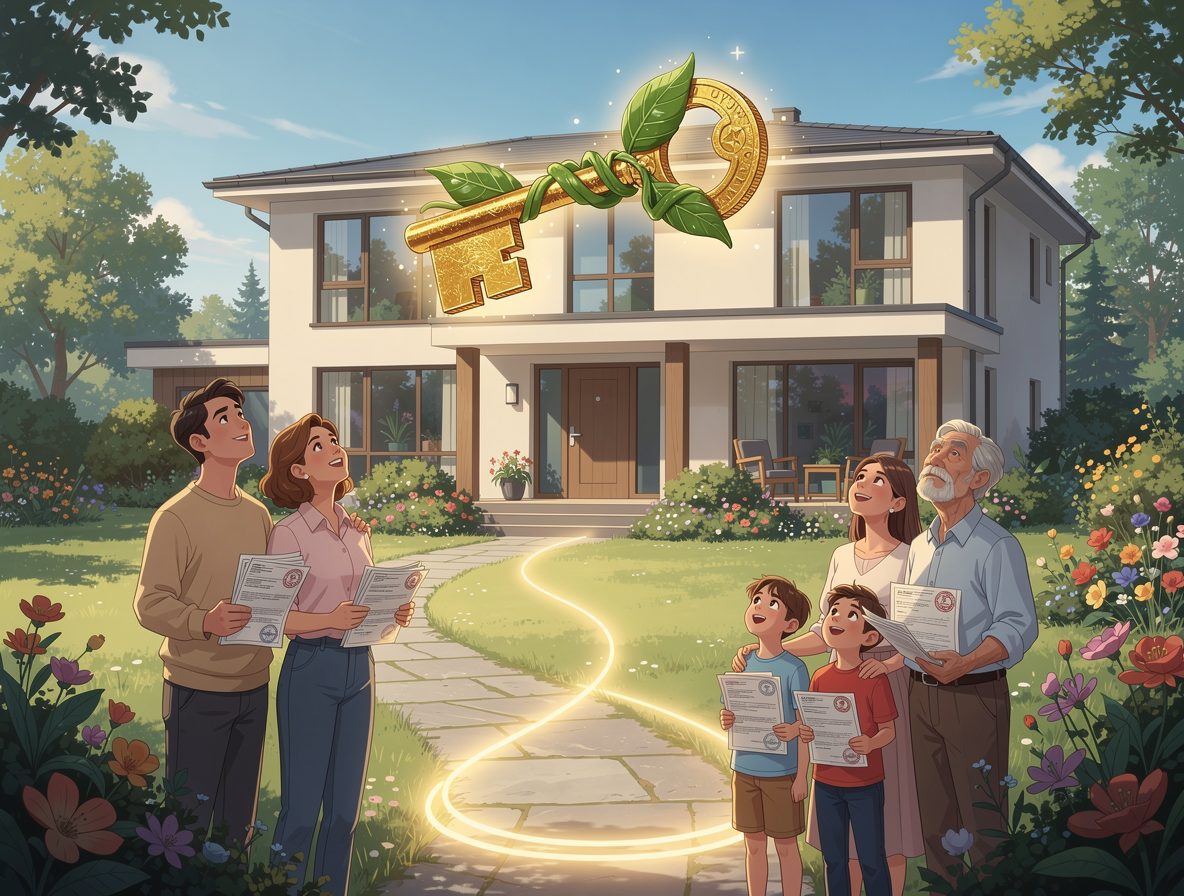 Счастливые люди разных возрастов смотрят на дом, над дверью которого парит ключ из листьев и монет, символизируя доступную ипотеку с государственной поддержкой.