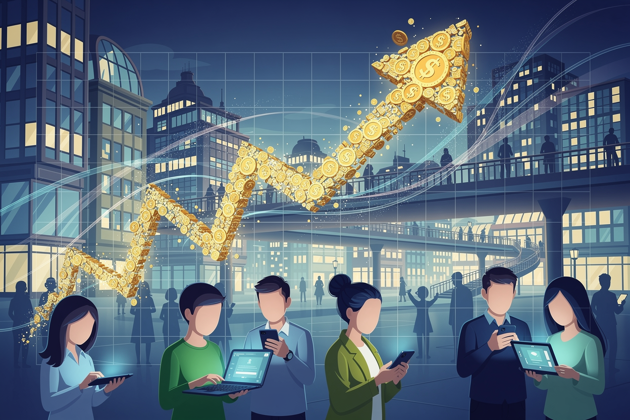 Стилизованная иллюстрация с графиком роста спроса на микрозаймы, окружённая символами финансов и цифровыми устройствами.