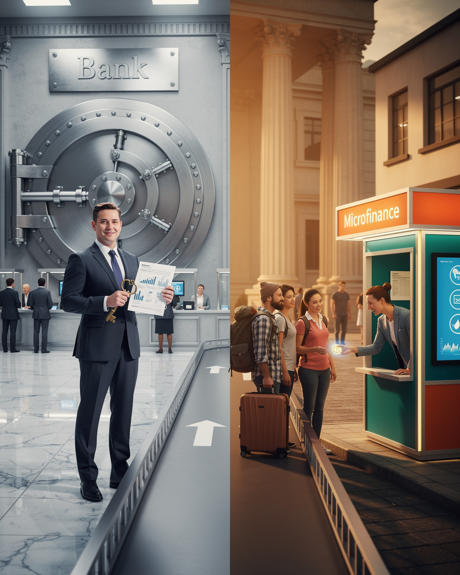 Сравнение традиционного банковского кредита и микрозайма для иностранцев в виде разделённой сцены с формальным банком и доступным уличным киоском.