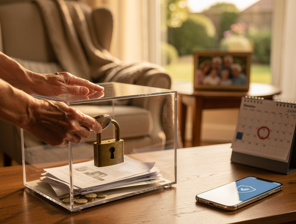 Защита финансов пожилых родственников: руки устанавливают замок на прозрачный сейф в уютной гостиной, символизируя безопасность и заботу.