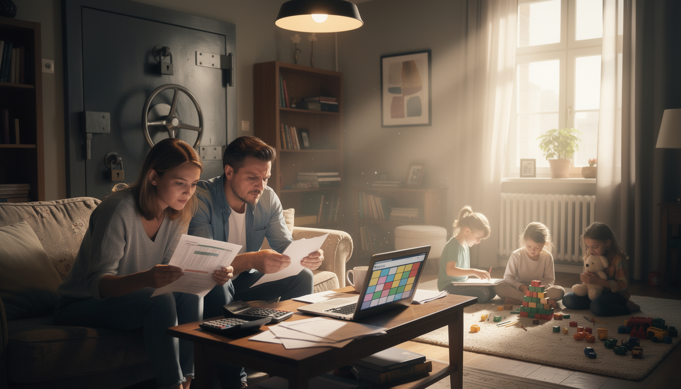 Многодетная семья в домашней обстановке с финансовыми документами, символизирующая трудности получения кредита и надежду на решение.