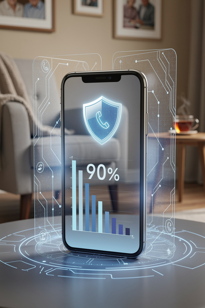Смартфон с защитным интерфейсом в уютной домашней обстановке, символизирующий технические меры безопасности для пожилых.