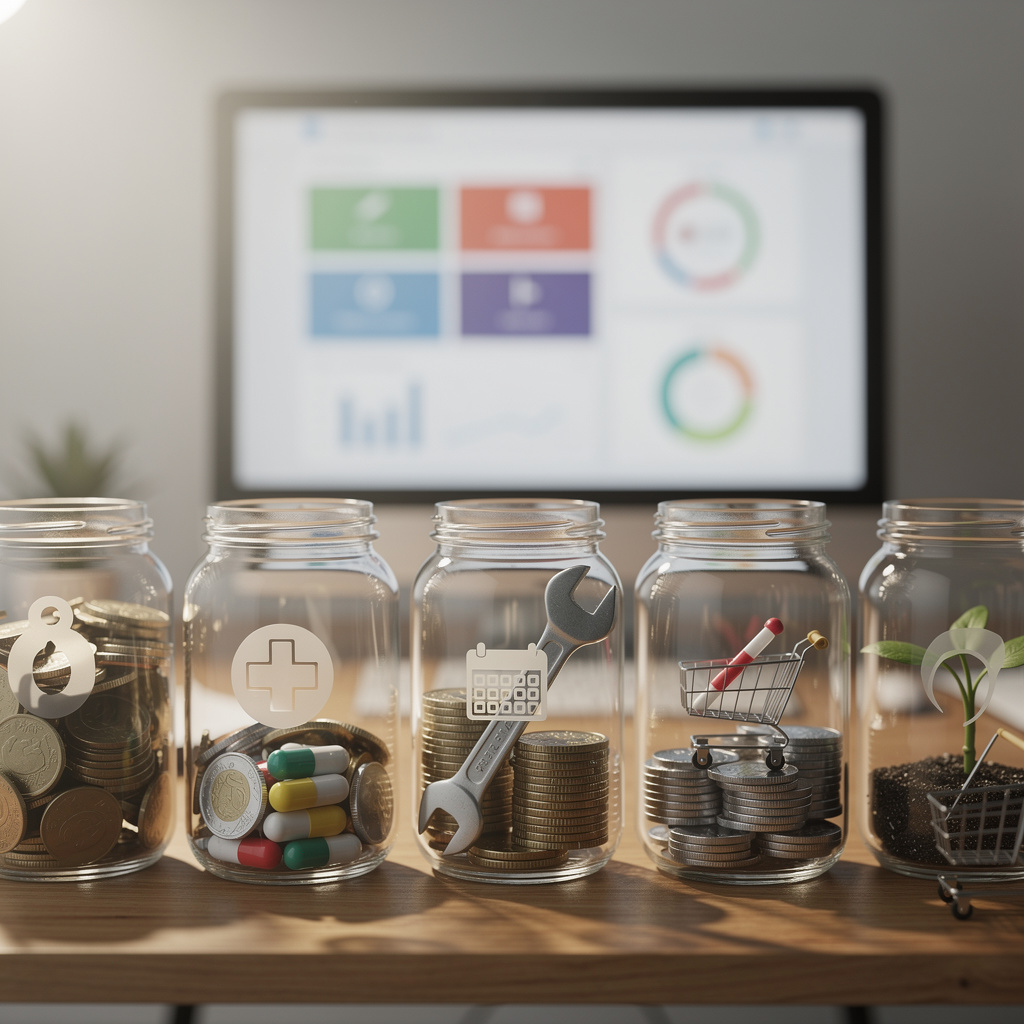 Разнообразные стеклянные банки на полке, символизирующие сегменты микрозаймов, в современном офисе.