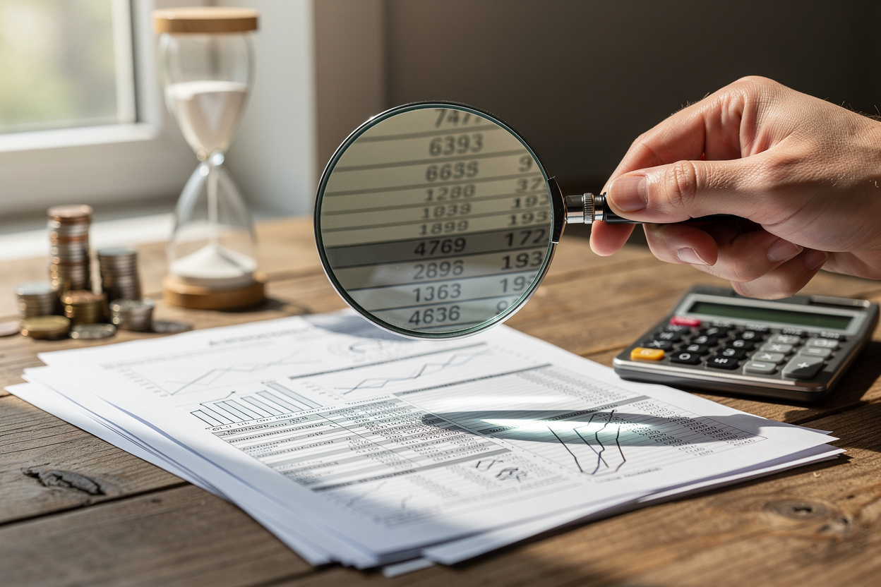 Рука с лупой изучает документ с монетами и часами на столе