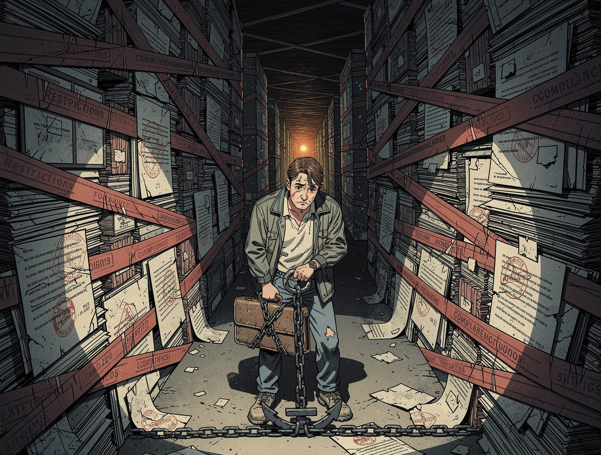 Человек в лабиринте из бюрократических документов, символизирующий ограничения для безработных и самозанятых.