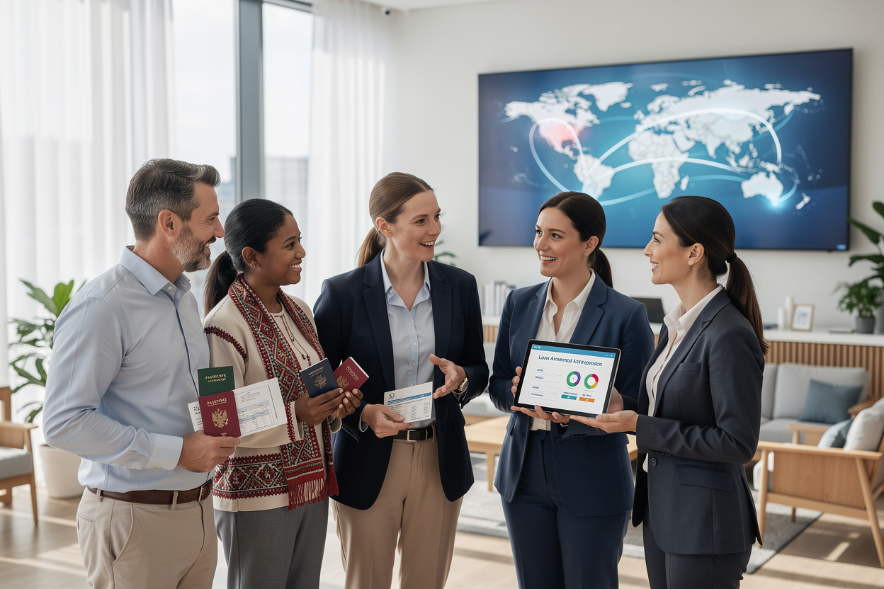 Иммигранты и иностранцы обсуждают вопросы о займах с банковскими представителями в современном офисе.