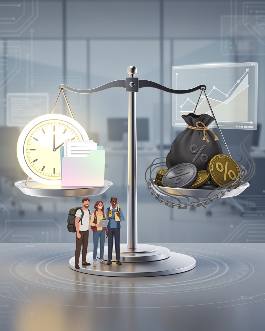 Стилизованные весы, показывающие преимущества и недостатки микрокредитов: быстрые часы и простые документы против тяжелых монет с высокими процентами.