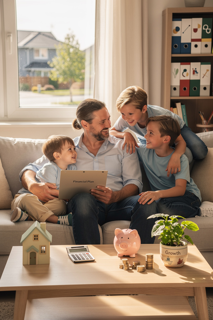 Счастливая многодетная семья обсуждает финансовые вопросы в уютной гостиной, символизируя доступность кредитов и займов.
