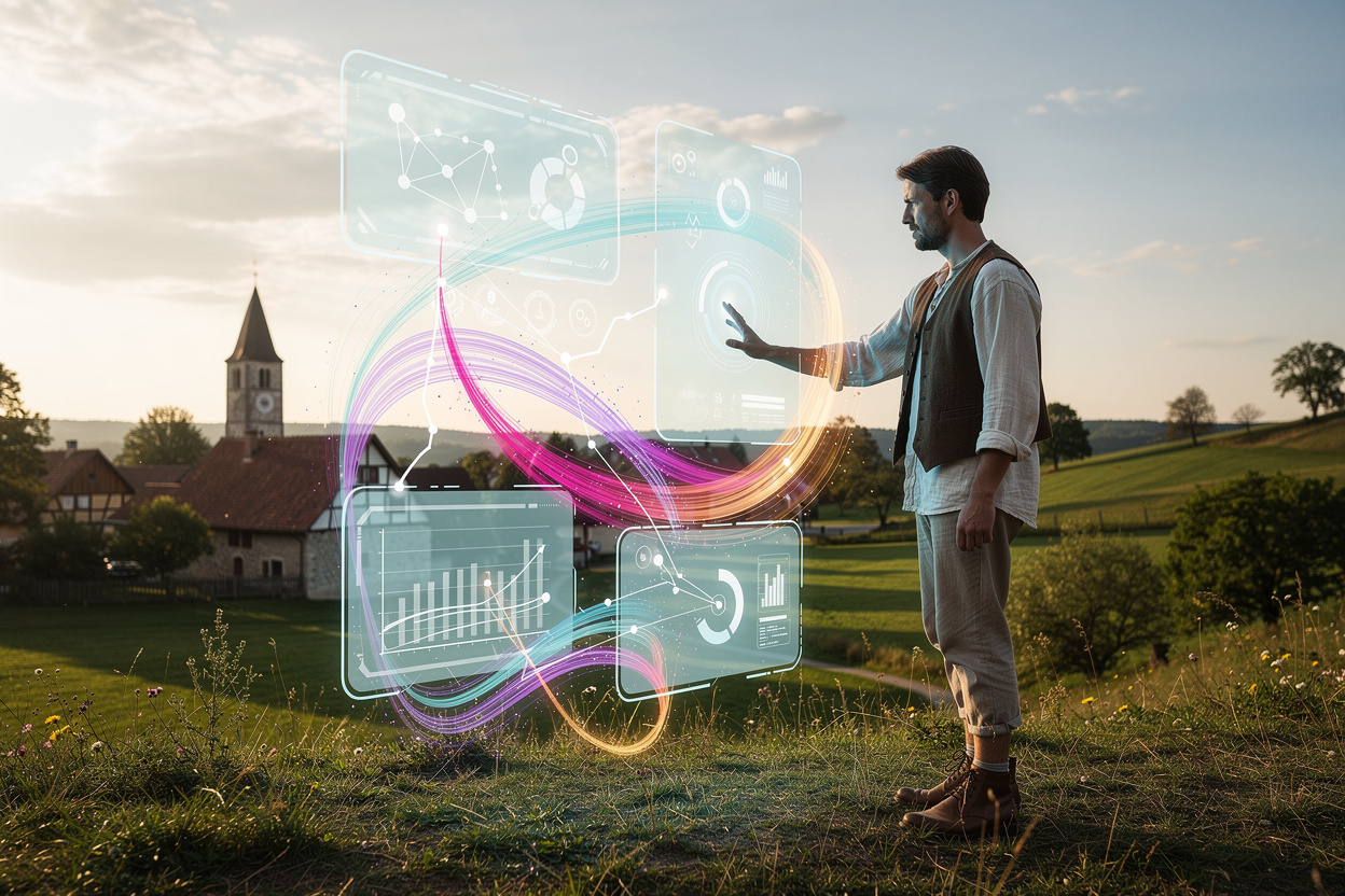 Голографический интерфейс в сельской местности, показывающий персонализированные финансовые уроки.