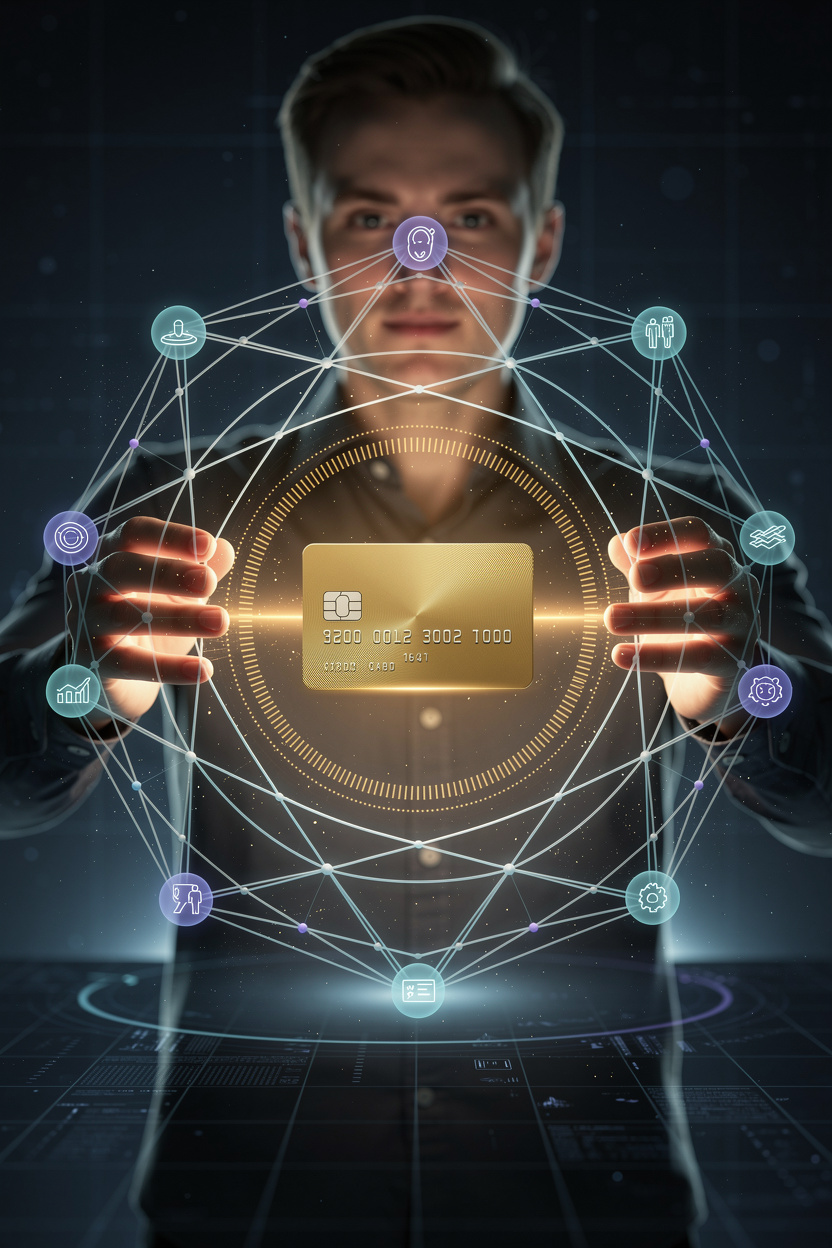 Визуализация цифрового финансового следа в виде сети данных вокруг кредитной карты, символизирующая стабильность и управление транзакциями.