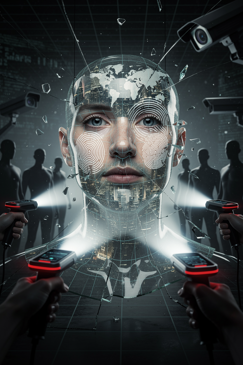 Стеклянное лицо с биометрическими узорами, трескающееся под лучами сканеров в мрачной цифровой среде, символизируя риски обязательной идентификации.