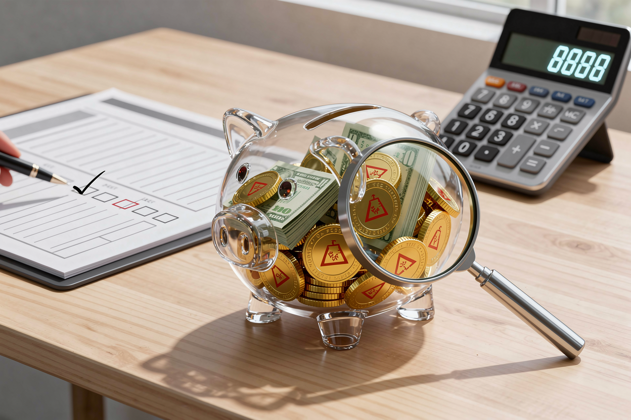 Прозрачная копилка с монетами, в которых видны скрытые символы комиссий, на фоне финансового планировщика.