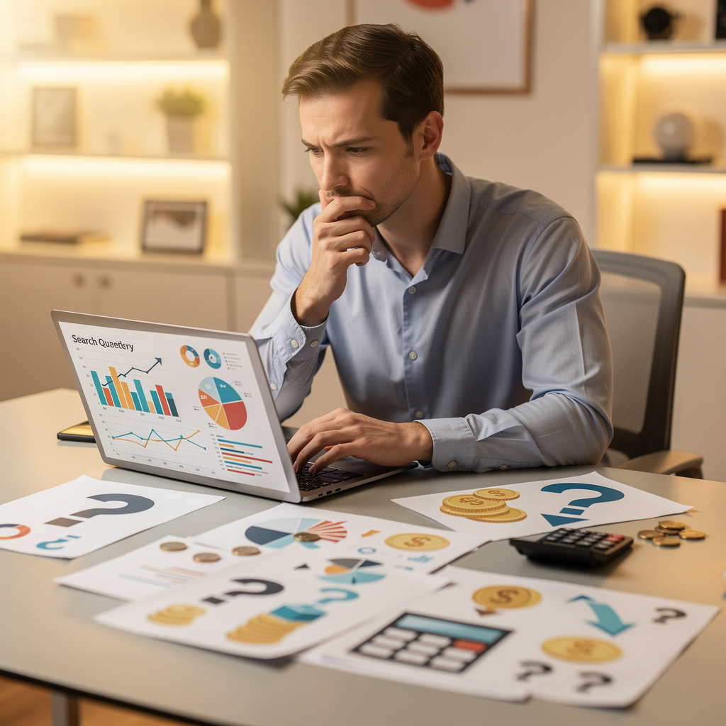 Человек анализирует финансовые вопросы за рабочим столом с графиками и символами микрозаймов