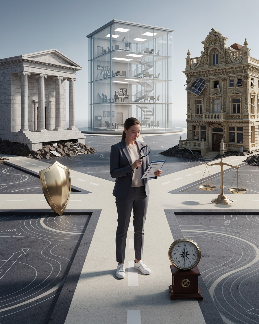 Человек анализирует разные здания, символизирующие МФО, на перекрестке, чтобы выбрать надежную организацию.